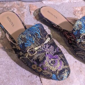 Merona Women's Floral Embroidered Mules - Black and Gold